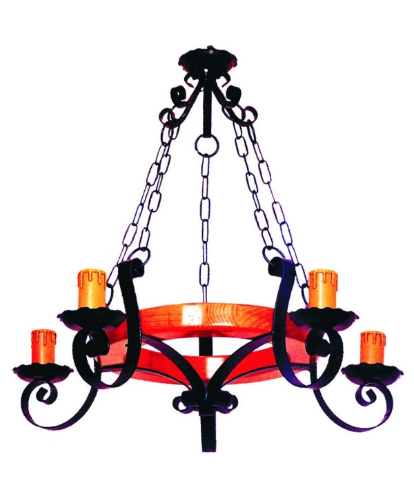 L-28 Lámpara de hierro y rueda de madera miel o nogal